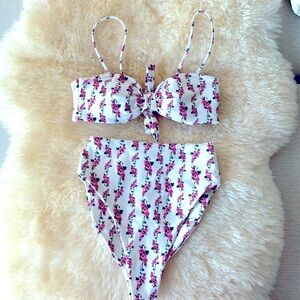 Retro high waist adjustable bandeau white pink floral bikini